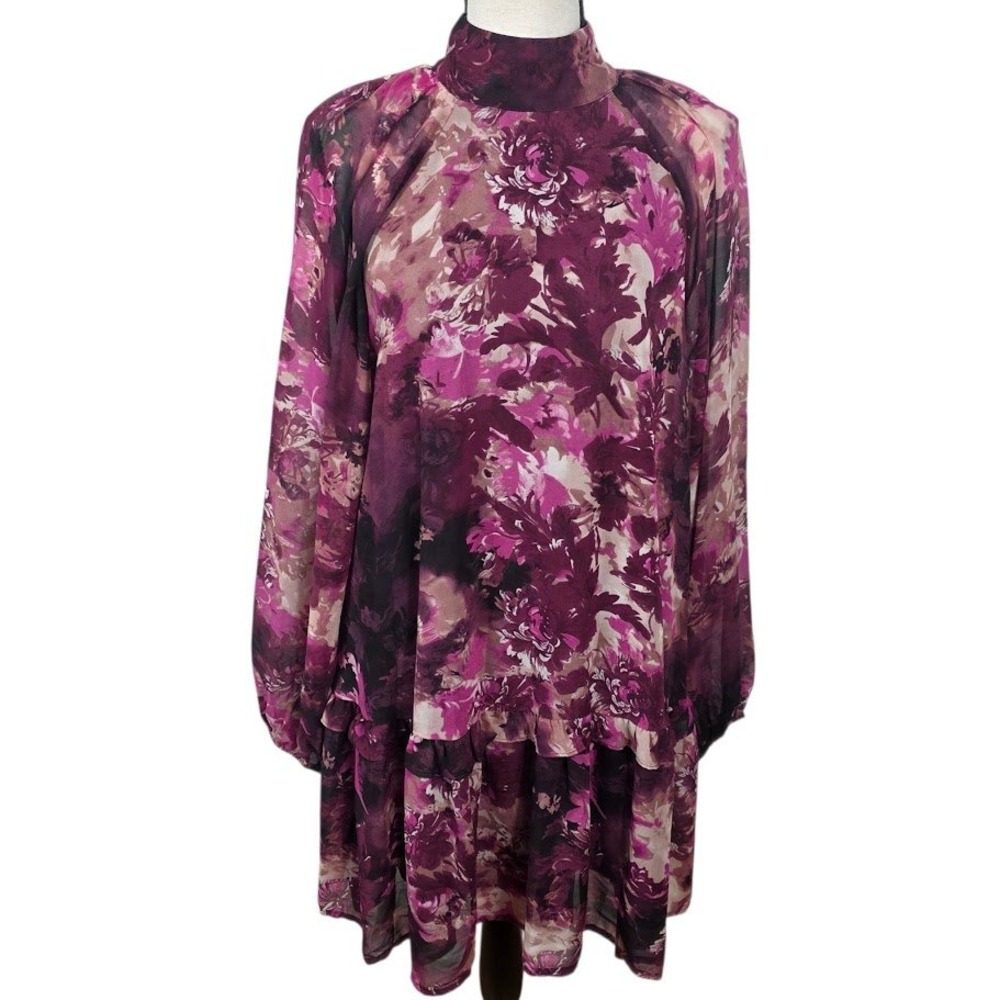 Entro Floral Mock Neck Dress Women Purple Long Sleeve Ruffle Tiered Mini Boho L